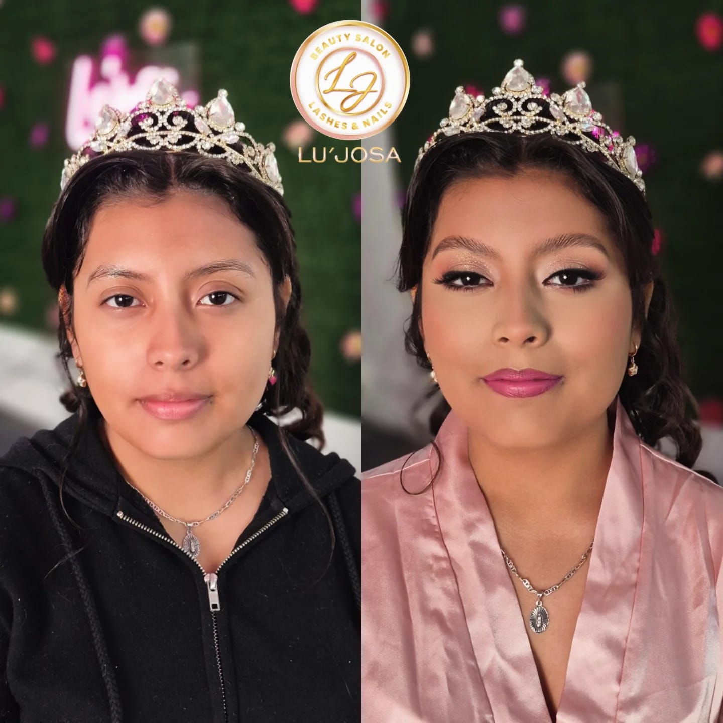 Maquillaje de XV años con tiara — antes y después